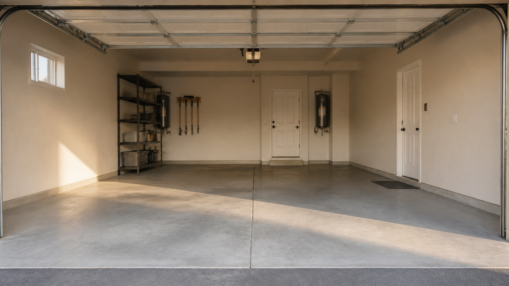 Same garage after junk removal with clean swept concrete floor