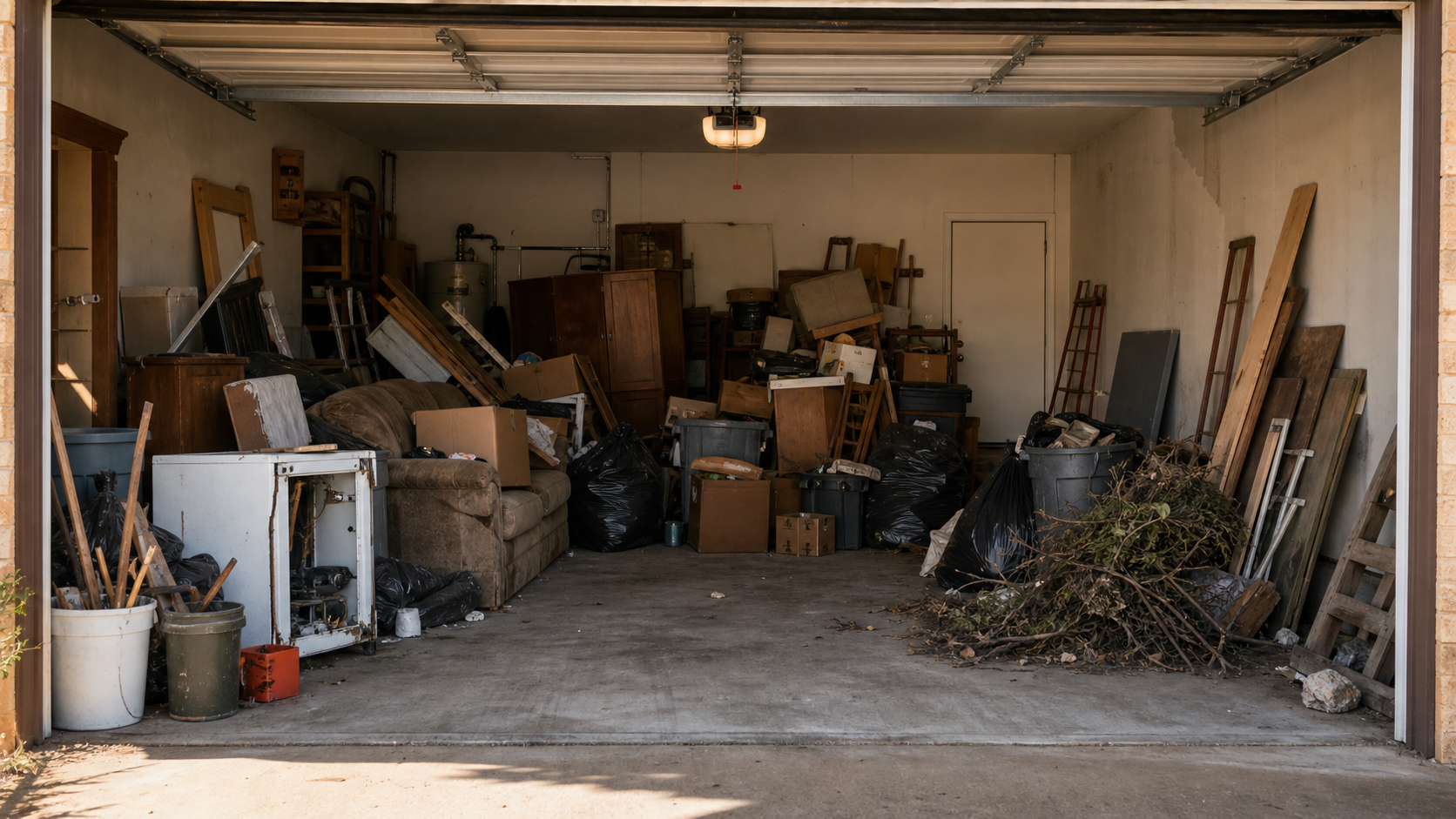 Garage before junk removal with furniture, boxes, debris, and bulky items
