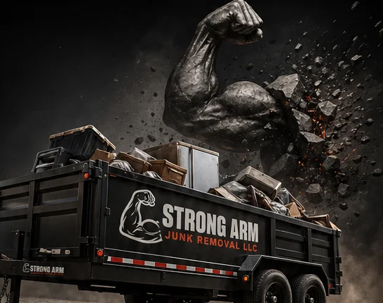 Strong Arm dump trailer filled with furniture, boxes, and trash from a large cleanout