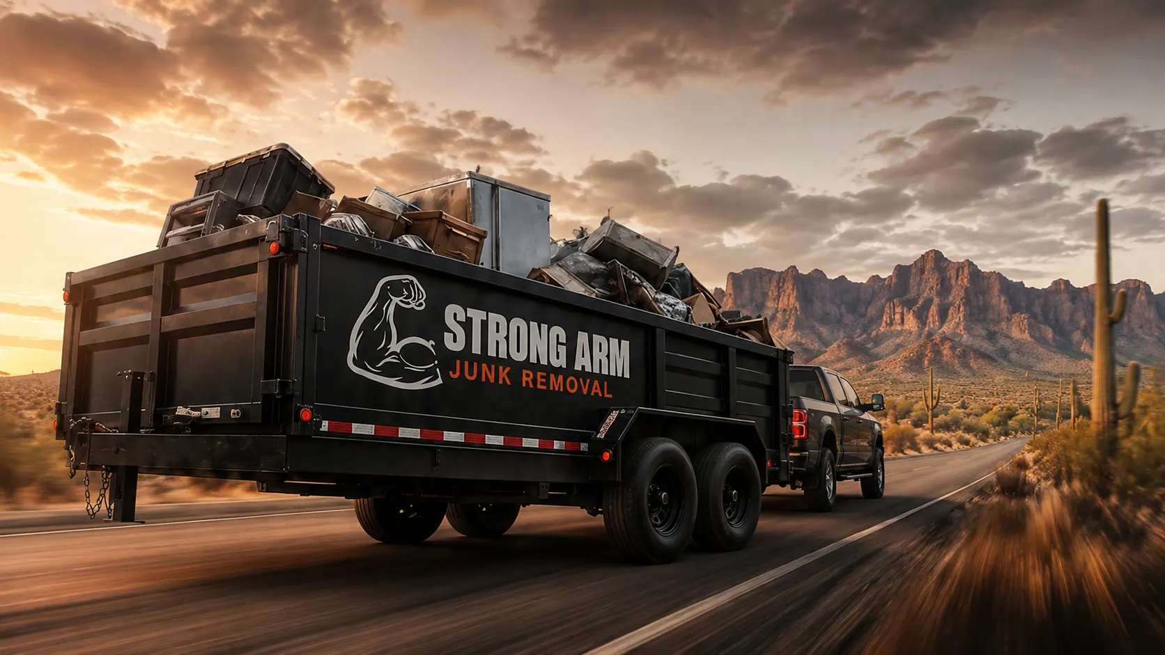 Strong Arm Junk Removal truck and dump trailer on an Arizona road